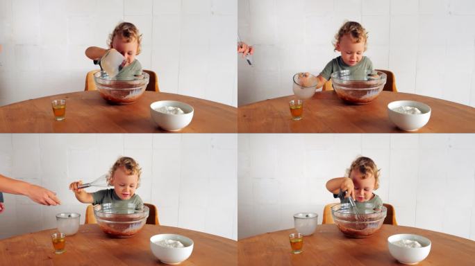 小男孩赶紧把巧克力牛奶倒进一个大碗里，做煎饼面糊