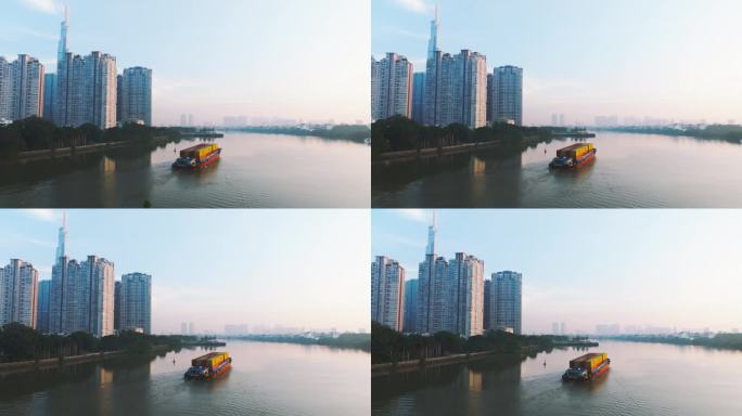 在美丽的早晨，航拍越南胡志明市西贡河