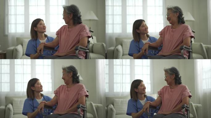 4K女医护人员照顾坐轮椅的老人