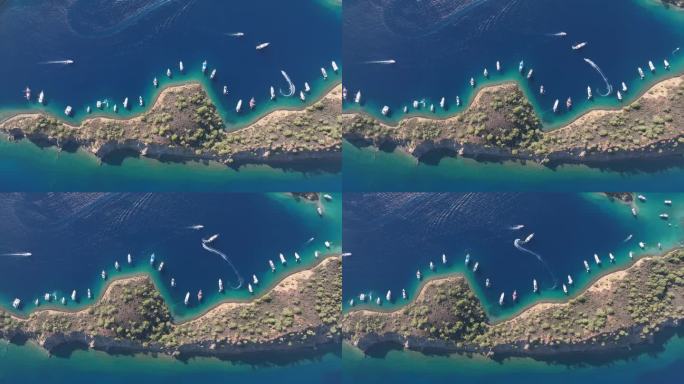 土耳其马尔代夫Yassica群岛无人机视频，Gocek Fethiye, Mugla土耳其(土耳其语