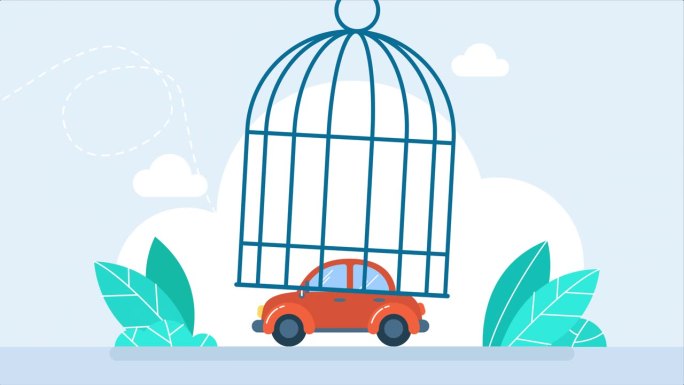 车内锁笼。债务个人汽车。罚金、扣押、动产贷款的概念。自动在鸟笼。新潮的2D平面动画风格。红色的车。物