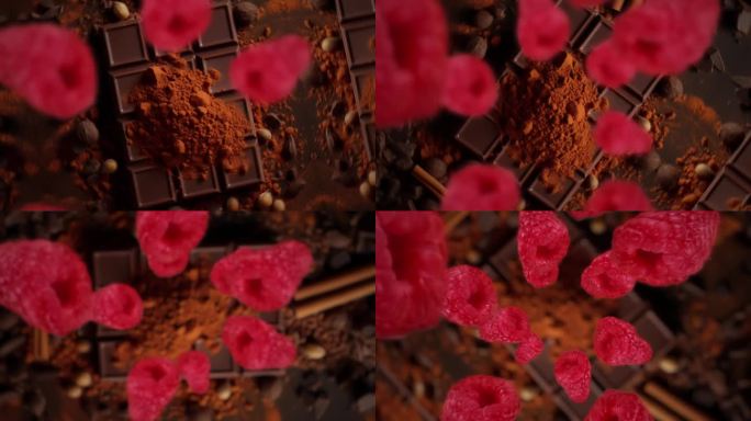 树莓盘旋着落在黑巧克力棒上，慢动作