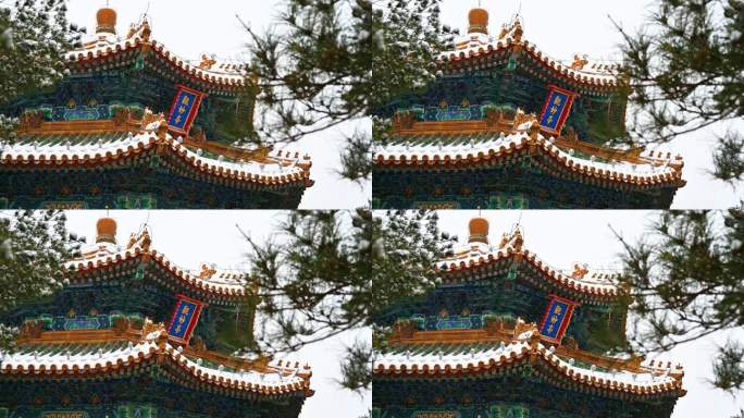 北京冬季景山公园下雪天古建筑风光