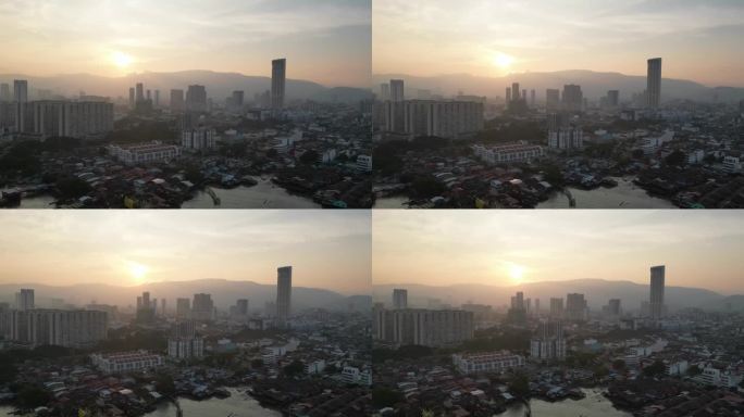 夕阳西下，槟城城市街景航拍