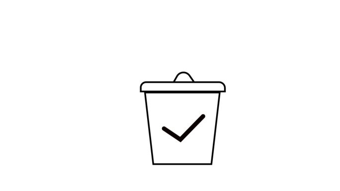 动画垃圾被扔进白色背景上的垃圾箱图标。