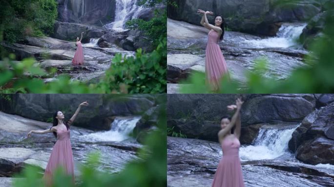 实拍山间小溪高山瀑布跳舞的女孩
