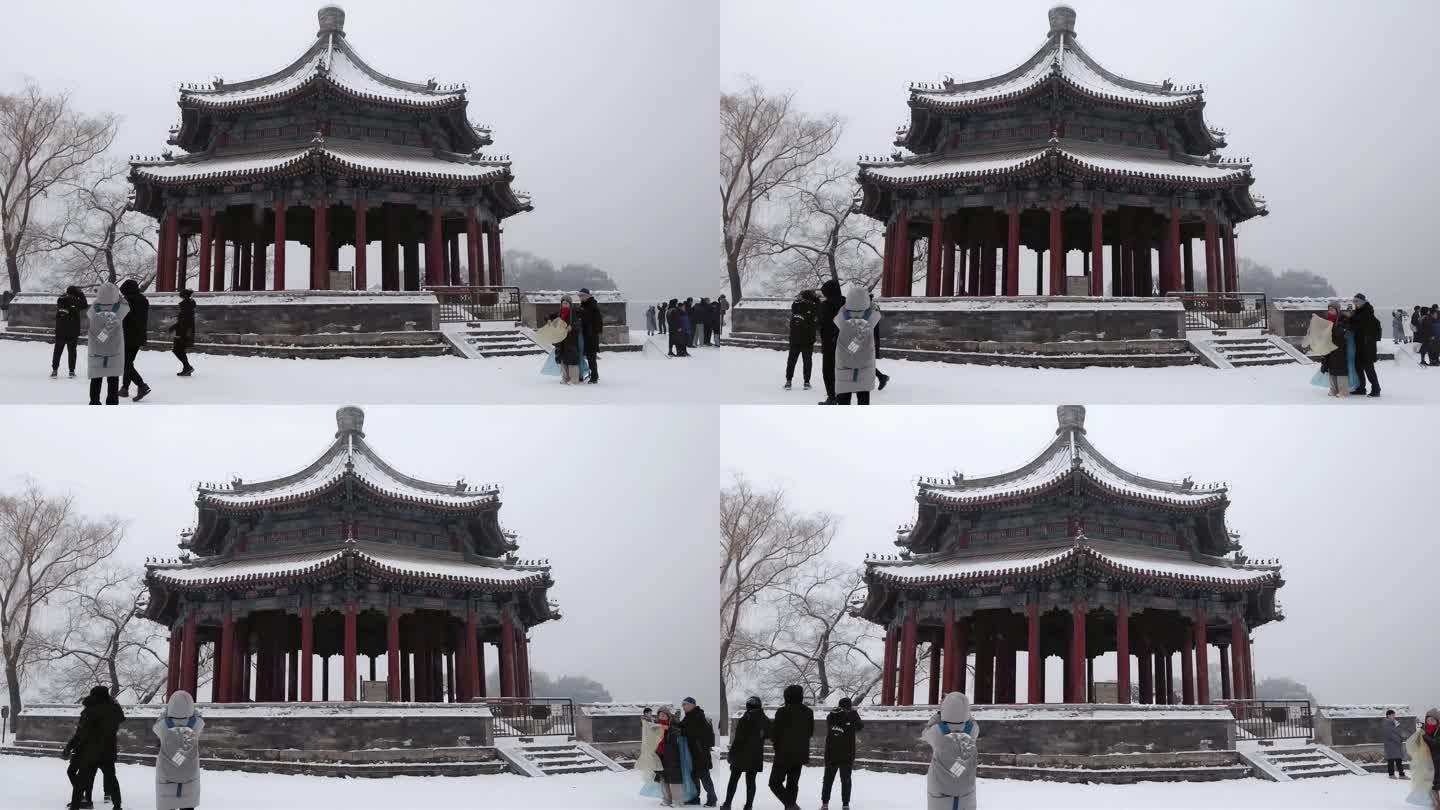 北京颐和园公园下雪美景水墨画景色80
