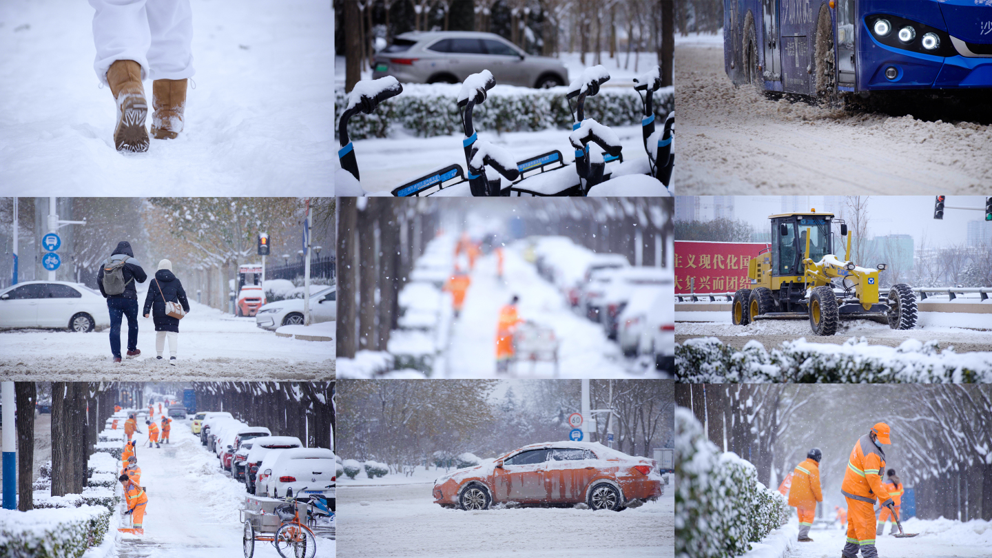 城市雪景 交通 环卫工扫雪 升格