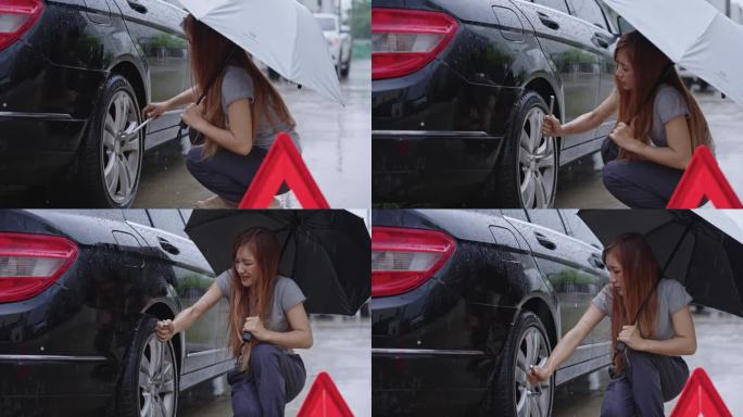 一名女子设置了紧急标志，警告她的车坏了，并把车停在路边等待保险