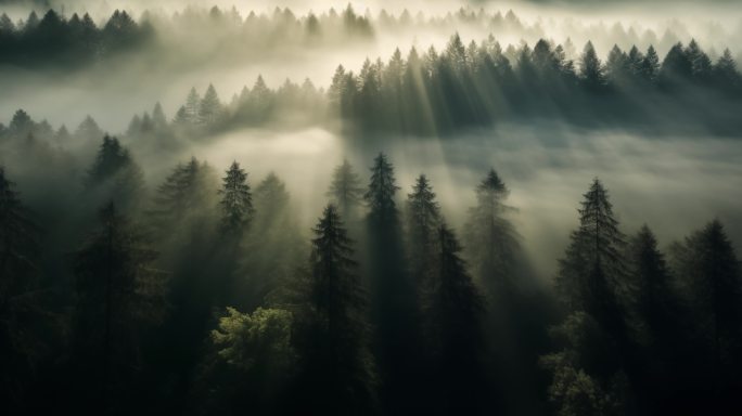 清晨丁达尔森林自然意境云雾唯美逆光云海