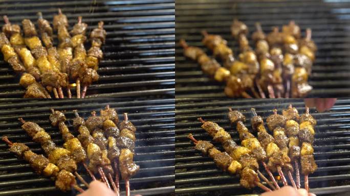 四川成都烤羊肉串美食佐料近景地拍