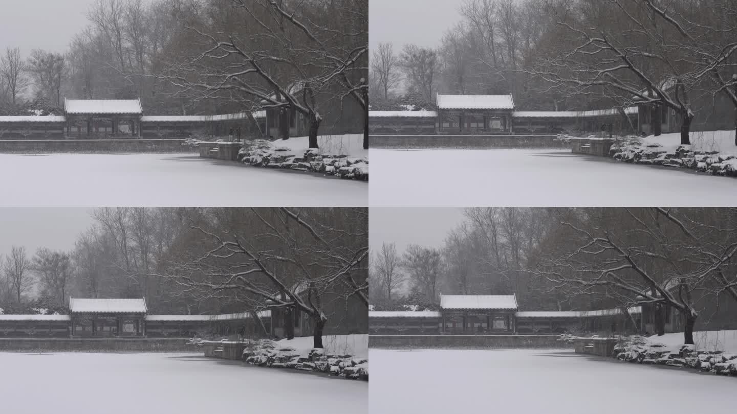 北京颐和园公园下雪美景水墨画景色3