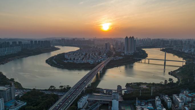 航拍南宁江湾夕阳日落