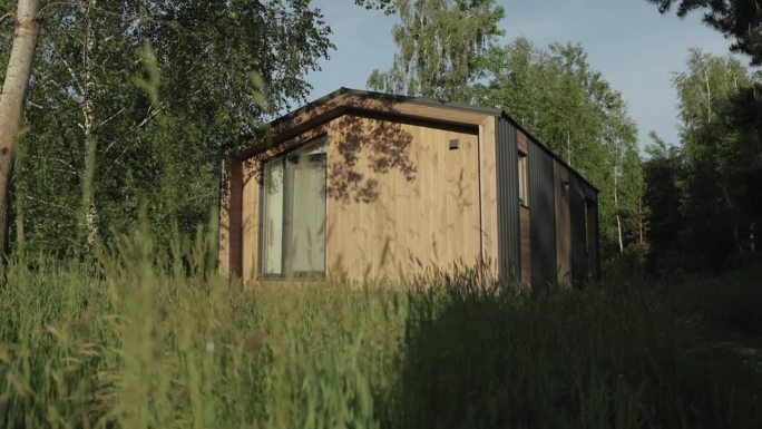 斯堪的纳维亚森林里的小房子，早晨的阴影，树叶在木墙上的木质纹理，背景，木质材料，慢动作。