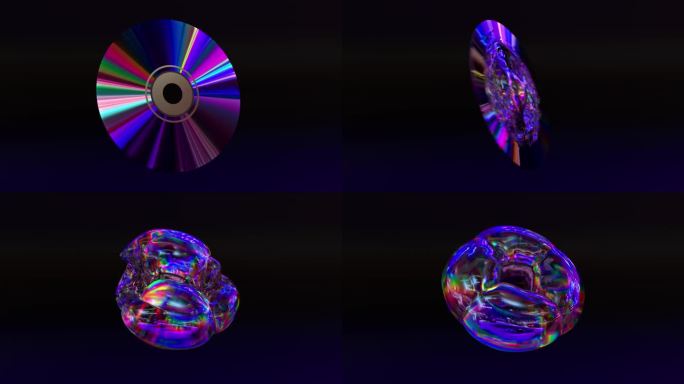 CD DVD在黑色背景上旋转，变成一个可充气的甜甜圈形状的气球。蓝色霓虹色。三维动画
