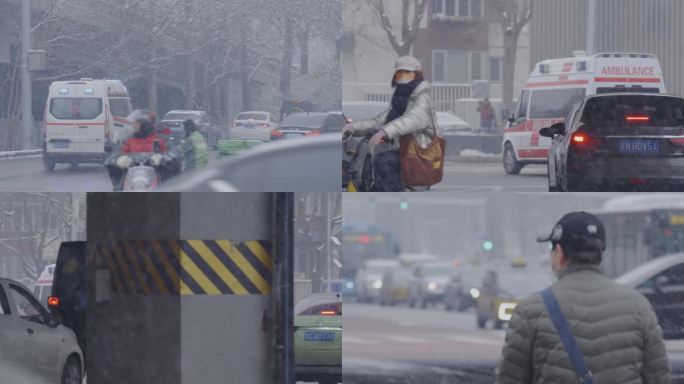 下雪天120重症北京城市街道雪景
