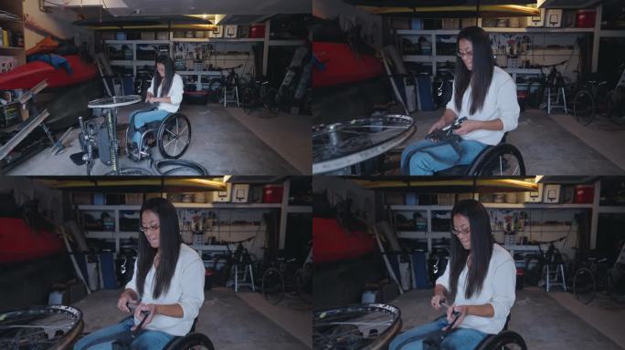 活跃的亚洲妇女换轮胎的自适应自行车