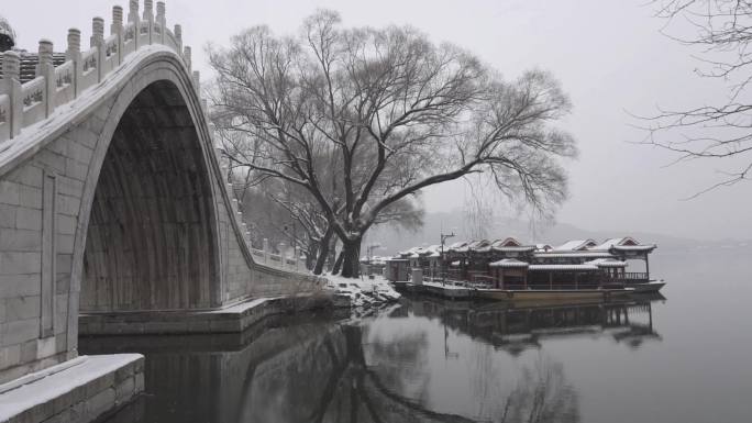 北京颐和园公园下雪美景水墨画景色6