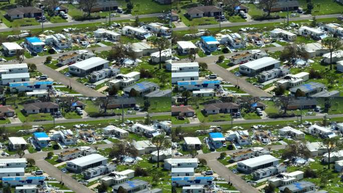 被飓风伊恩摧毁的房屋位于佛罗里达州郊区的活动房屋住宅区。自然灾害的后果