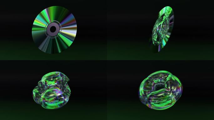 CD DVD在黑色背景上旋转，变成一个可充气的甜甜圈形状的气球。绿色霓虹色。三维动画