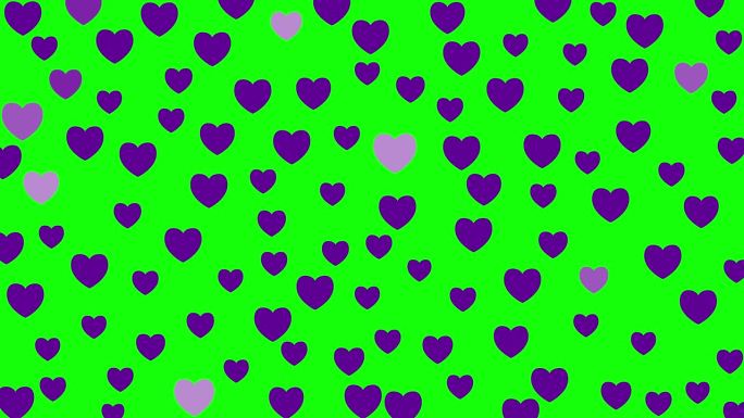 活泼的紫罗兰心闪耀。背景为情人节，节日。绿色背景上的平面矢量插图。