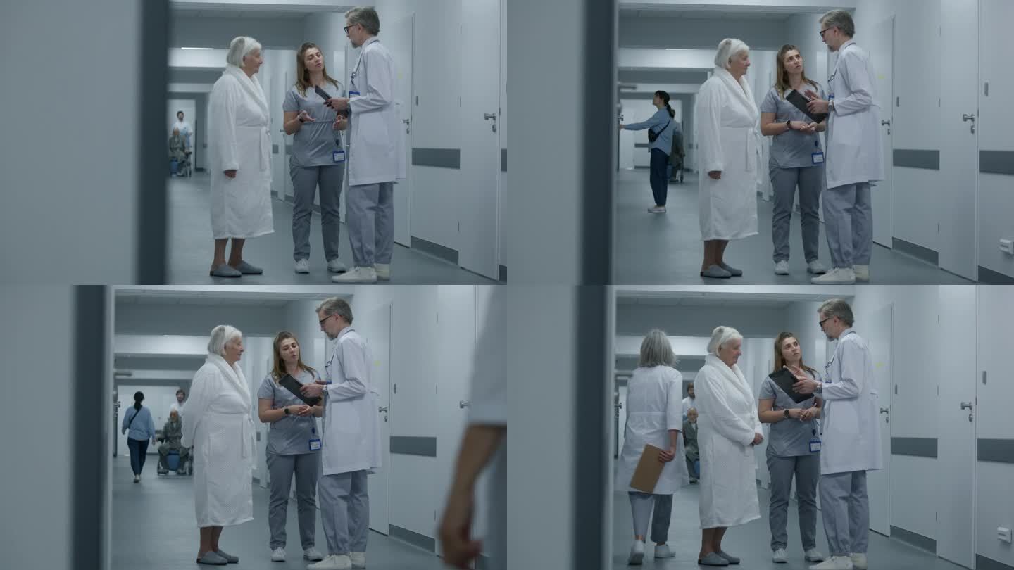 医生来到诊所走廊的护士和老妇人面前