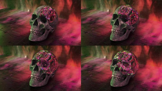 一种液体钻石物质覆盖在头骨上，把骨头变成钻石。霓虹灯。彩虹:3D动画