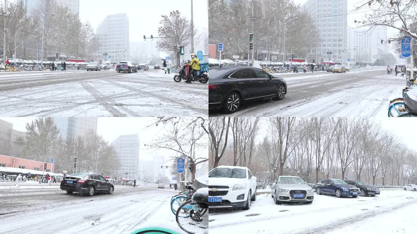 严寒天气 城市下雪天气交通车流人群长镜头
