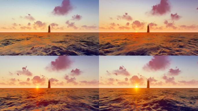 清晨的海上日出和远处的灯塔