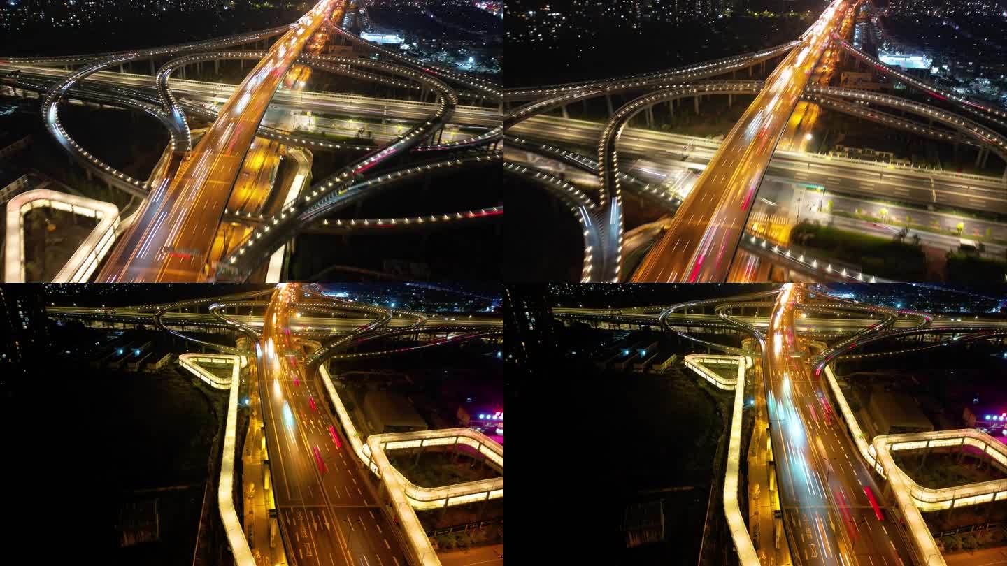 杭州钱塘新区东湖高架路立交桥高架桥夜景车