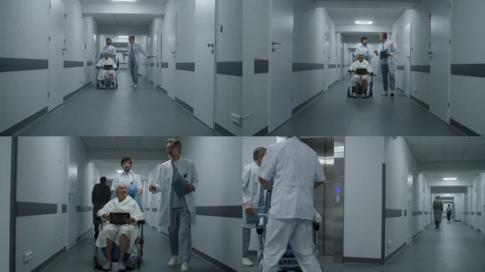 医生扶着轮椅上的老妇人走过医院走廊