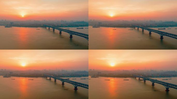 南京长江大桥日出航拍延时摄影