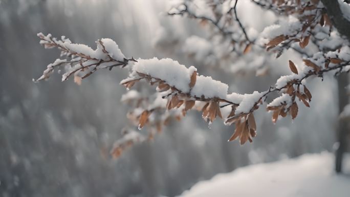 雪景冬季下雪树叶树枝