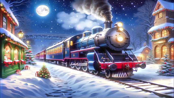 4K圣诞火车飘雪雪花概念背景