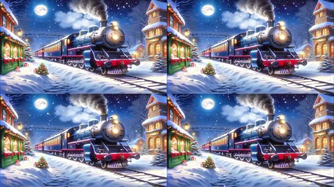 4K圣诞火车飘雪雪花概念背景