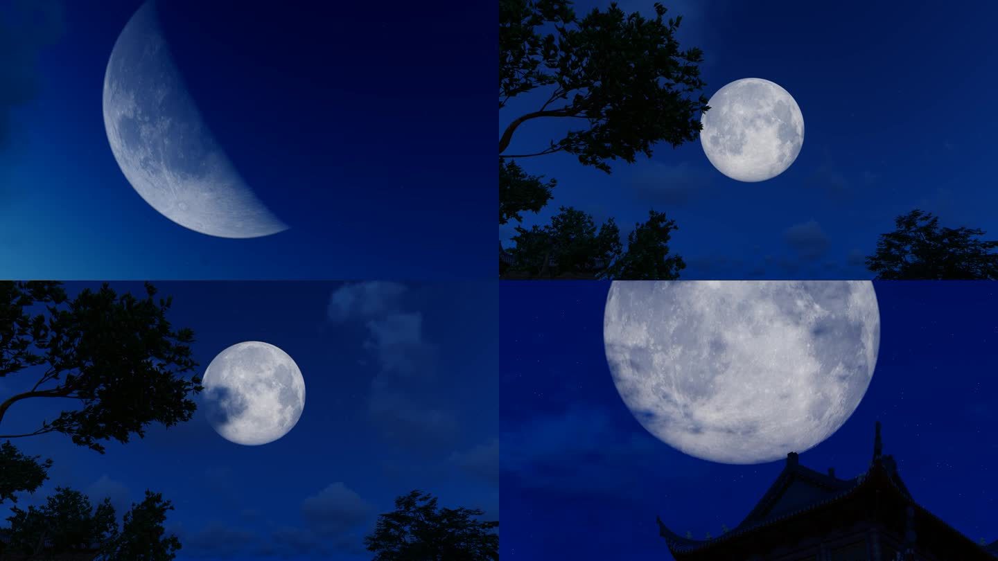 夜晚的月亮挂在屋檐和树梢上