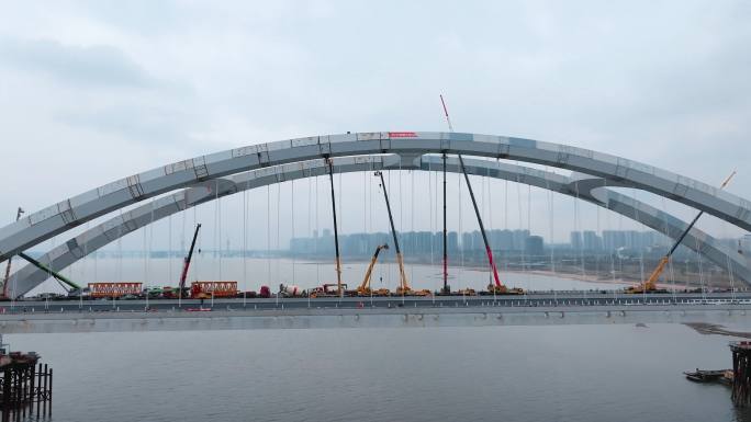 城市桥梁建设大型机械作业施工航拍