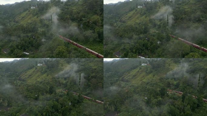 在雾蒙蒙的早晨，在斯里兰卡艾拉建立了红色火车穿过树林的空中无人机拍摄