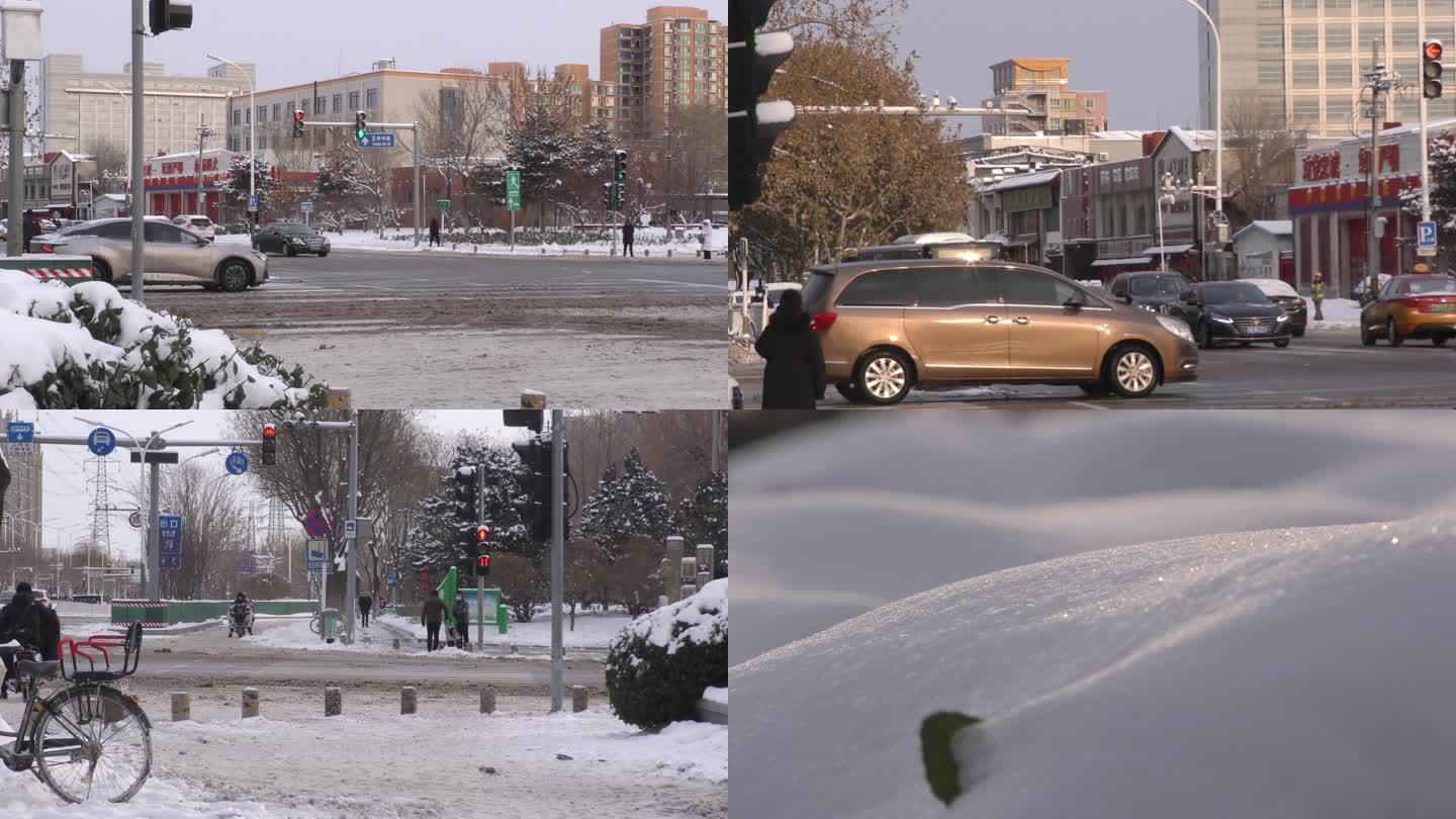 悲伤情感下雪行人车流勤劳奋斗路上的青年