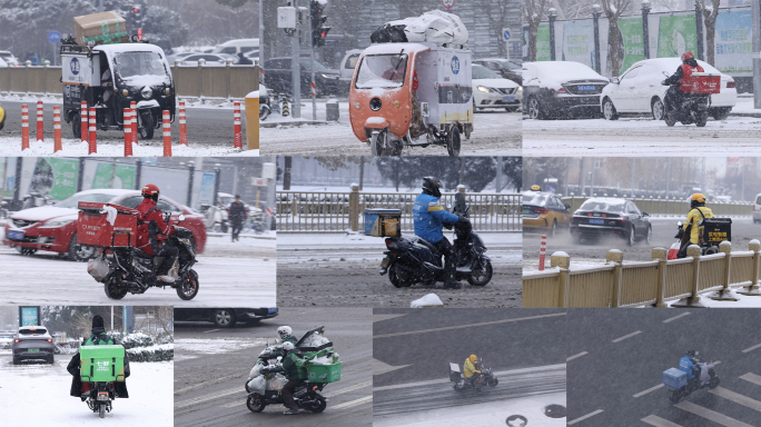 快递外卖骑手小哥雪中行驶