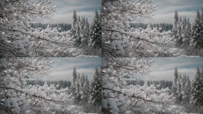 雪景冬季下雪树叶树枝