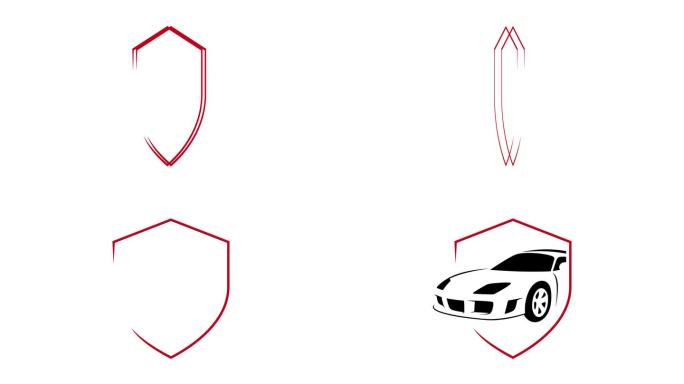汽车和盾牌图形动画。阿尔法通道。汽车透明背景运动设计。4 k的决议