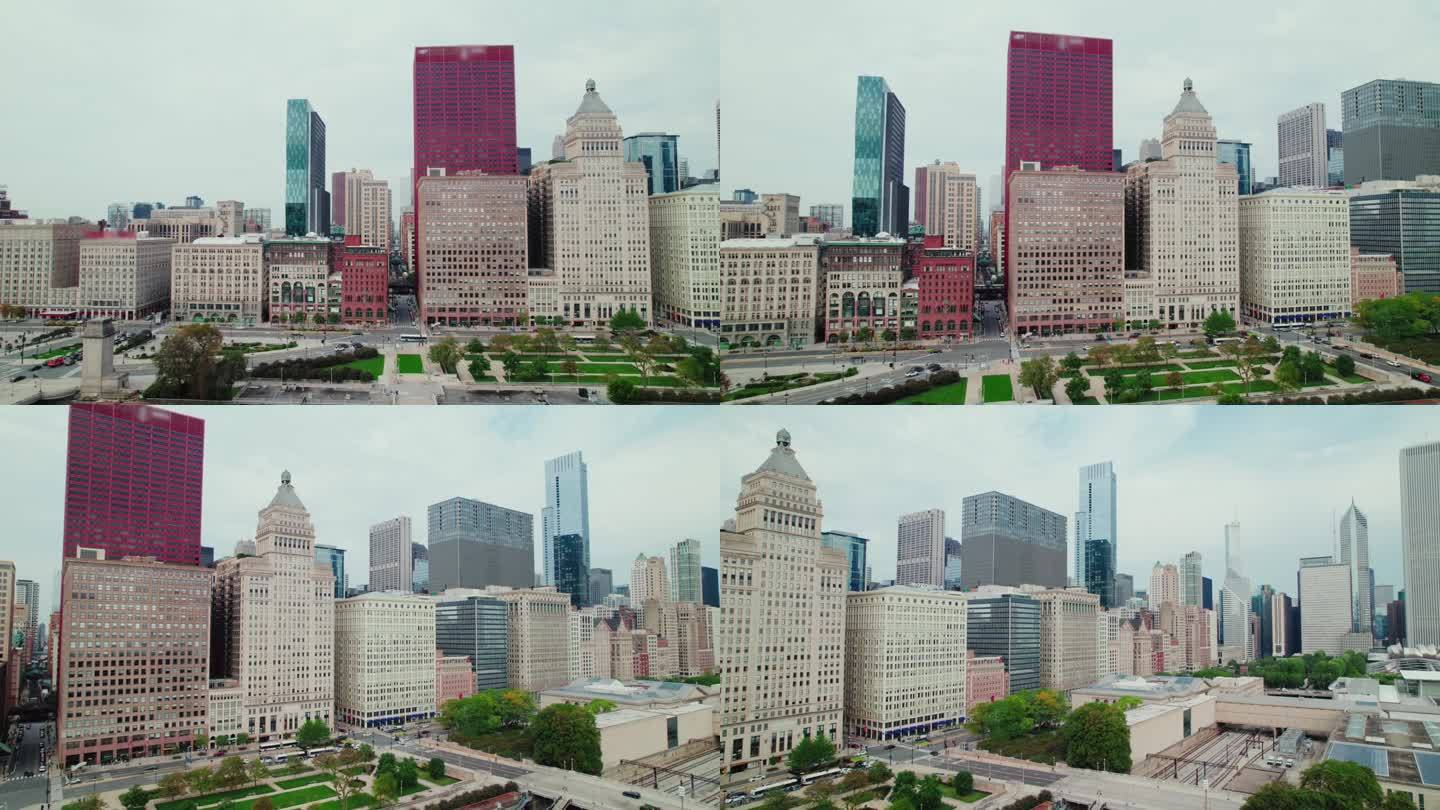 探索芝加哥的全景天际线，市中心的电影航拍。向右滑动。中西部，伊利诺伊州，美国