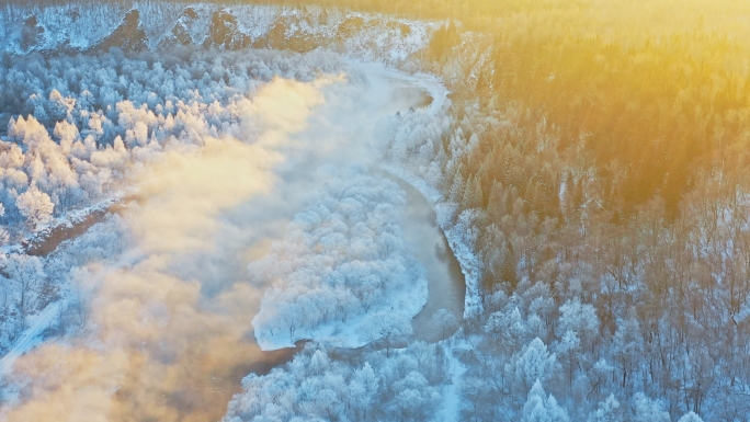 4k航拍唯美雾凇冬季冬天自然风光