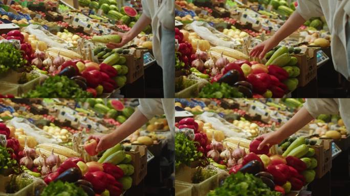食品购物市场蔬菜配送，网上购物。在超市买西红柿，黄瓜，辣椒，西兰花，新鲜蔬菜，袋装商品，素食健康食品
