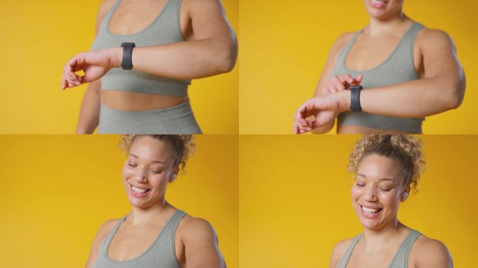 一个穿着健身房健身服的女人从智能手表上传到无线耳机上