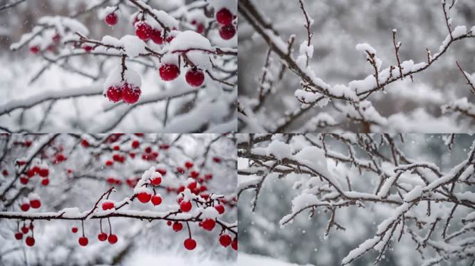 雪景冬季下雪树叶树枝