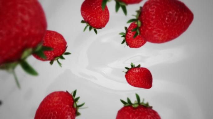 草莓打转，然后掉到酸奶里，慢动作