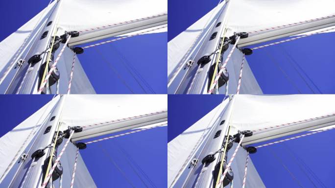 帆船上的滑车和滑车系统中镜头的积木和绳子。4 k。