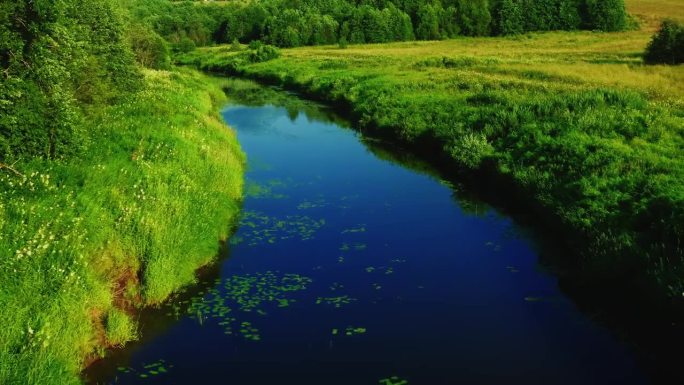 森林里蜿蜒狭窄的河流，两岸绿油油的草甸、沙洲、天空倒映在水面上。夏季，气候温和。